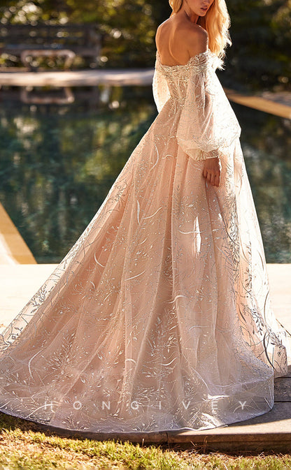 H1593 - Glamorous A-Line Off-Shoulder Long Sleeve Lace Applique Glitter With Train Boho Wedding Dress