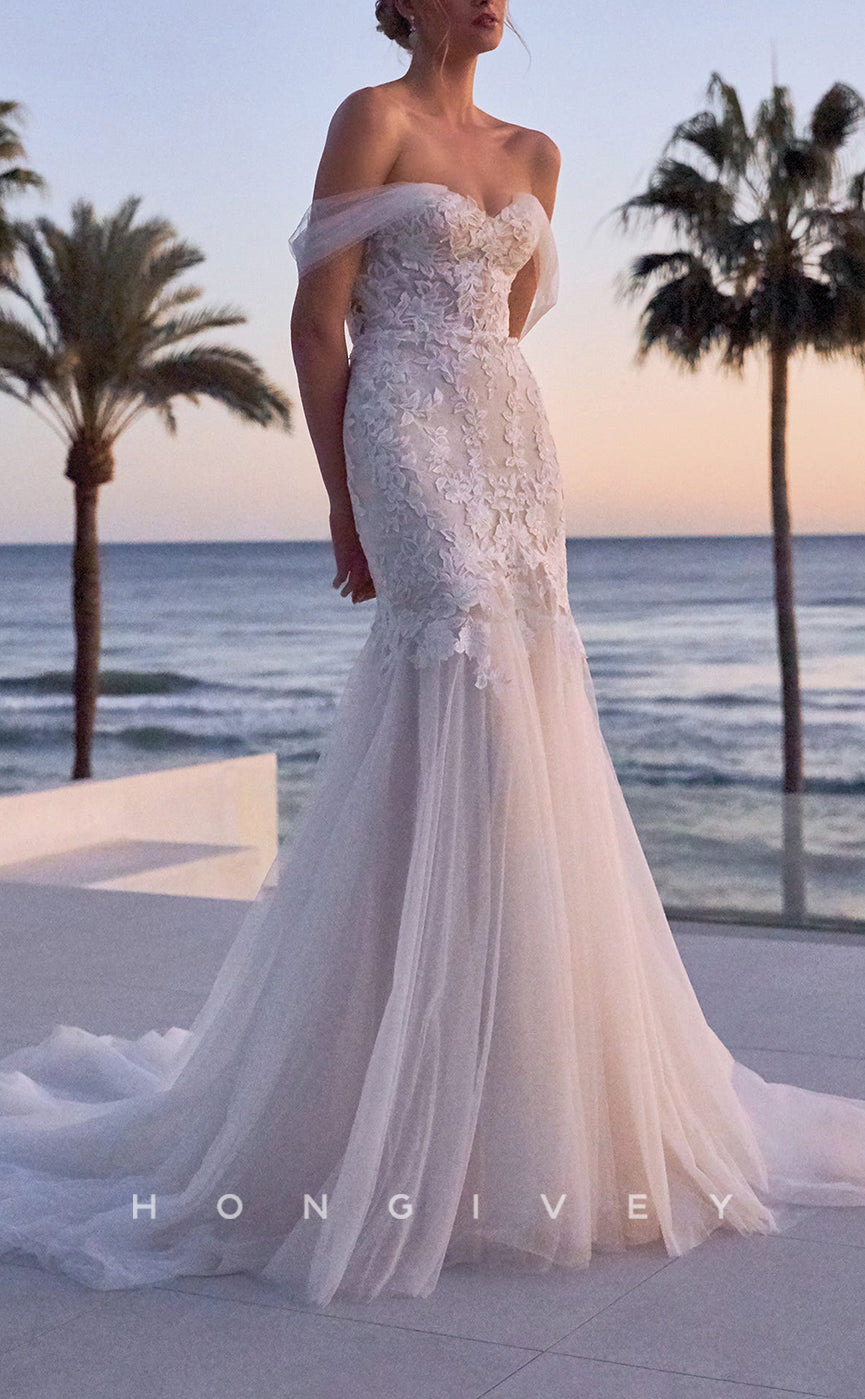 H1594 - Elegant Trumpet Tulle Off-Shoulder Empire Lace Applique With Train Beach Wedding Dress