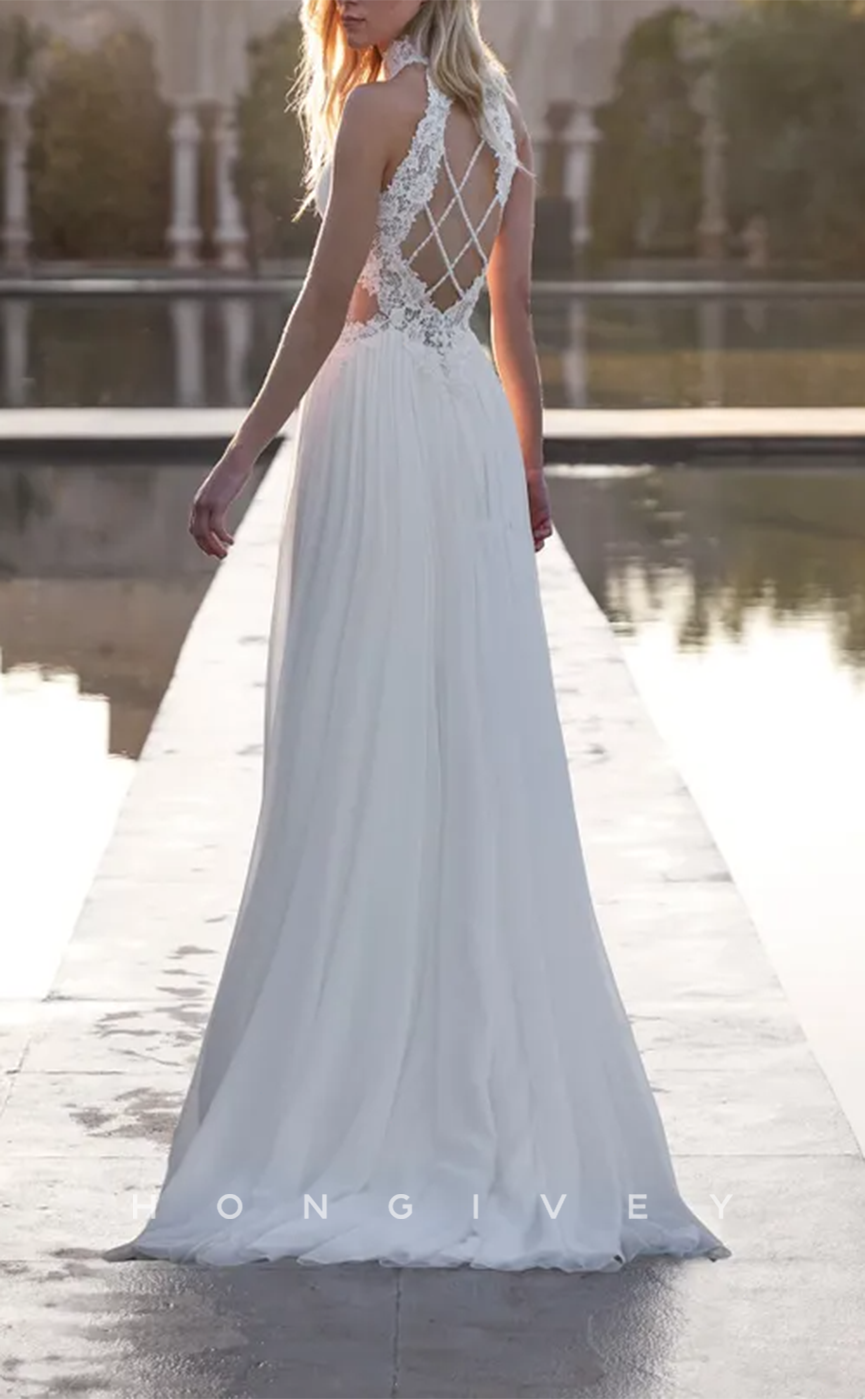 H1595 - Classic Satin A-Line High Neck Sleeveless Empire Lace Applique Beaded Boho Wedding Dress