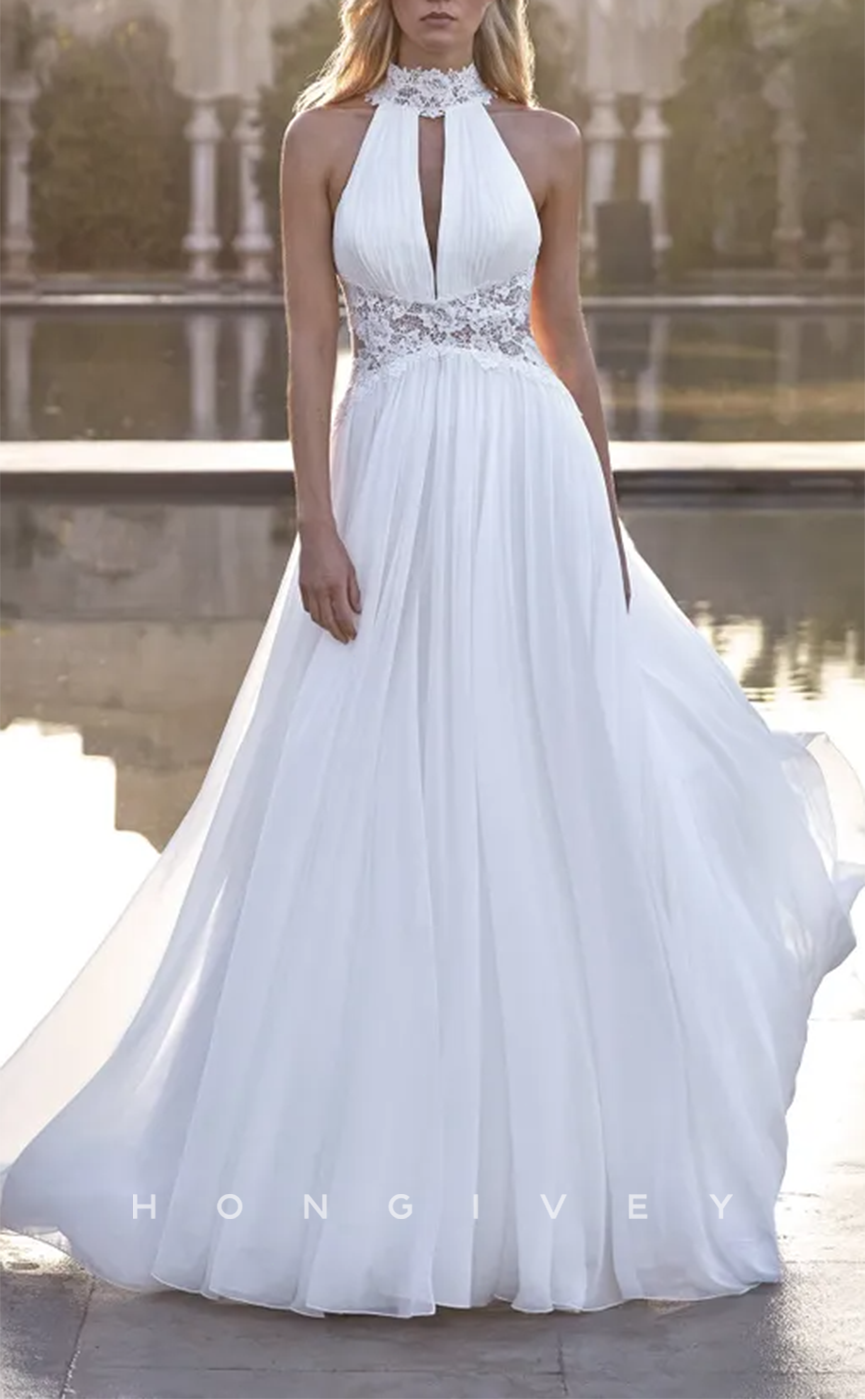 H1595 - Classic Satin A-Line High Neck Sleeveless Empire Lace Applique Beaded Boho Wedding Dress