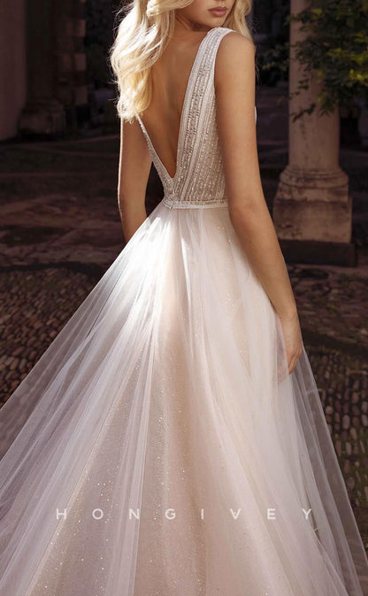 H1596 - Gorgeous Glitter Tulle A-Line V-Neck Sleeveless Empire Sequined With Train Wedding Dress