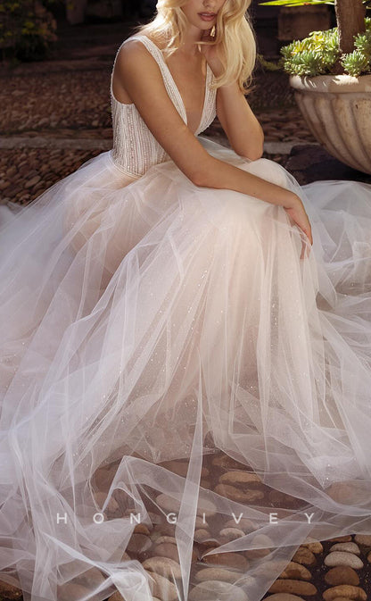 H1596 - Gorgeous Glitter Tulle A-Line V-Neck Sleeveless Empire Sequined With Train Wedding Dress