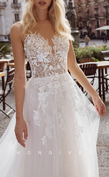 H1597 - Glamorous Tulle A-Line Sweetheart Spaghetti Straps Empire Lace Applique With Train Beach Wedding Dress