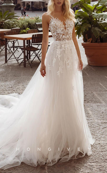 H1597 - Glamorous Tulle A-Line Sweetheart Spaghetti Straps Empire Lace Applique With Train Beach Wedding Dress