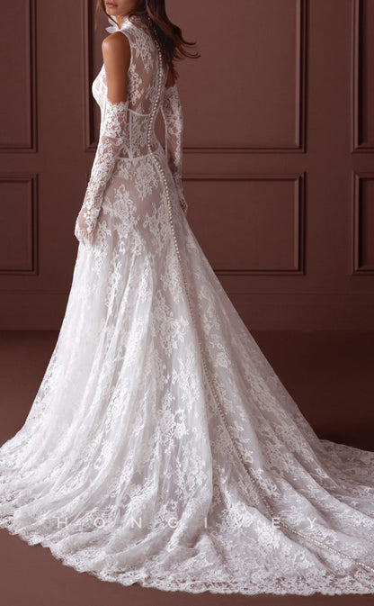 H1598 - Sexy Allover Lace A-Line V-Neck Illusion Empire Appliques With Train Wedding Dress