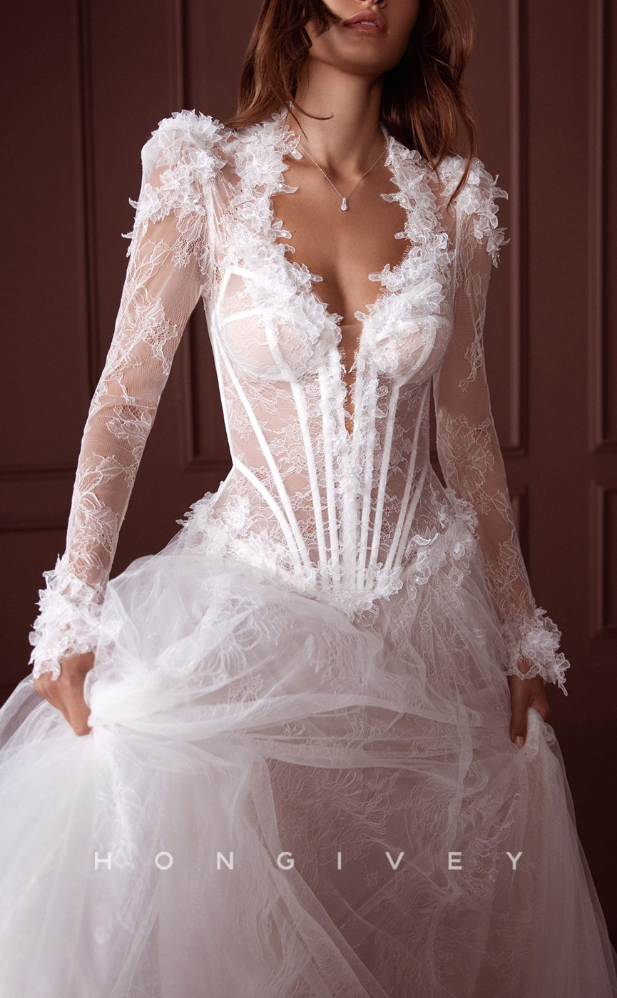 H1599 - Elegant Sheer Allover Lace A-Line V-Neck Long Sleeve Floral Appliques With Tulle Train Wedding Dress
