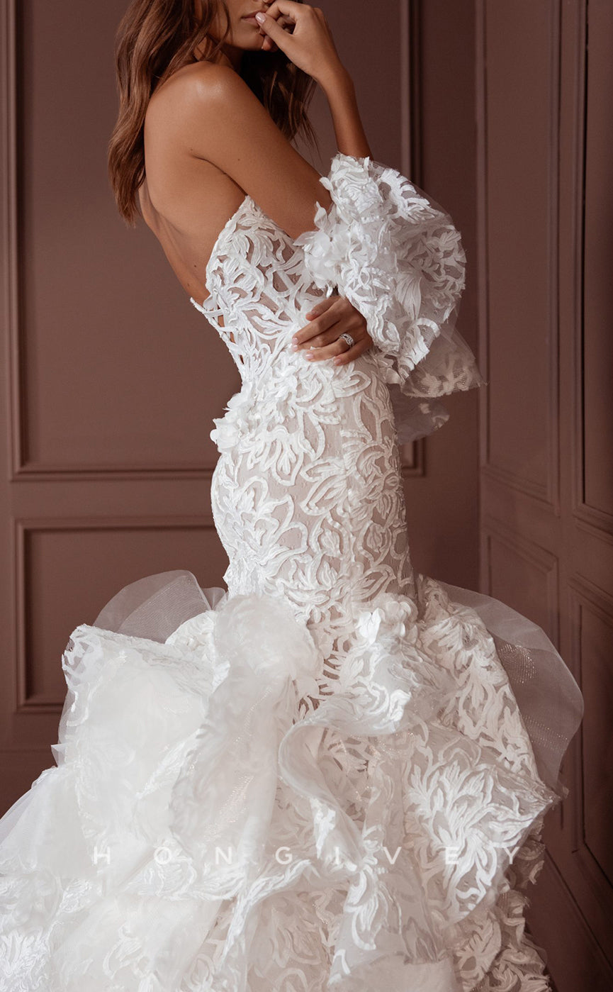 H1600 - Chic Trumpet Lace Sweetheart Strapless Empire Appliques High Low Tiered Ruffled Wedding Dress