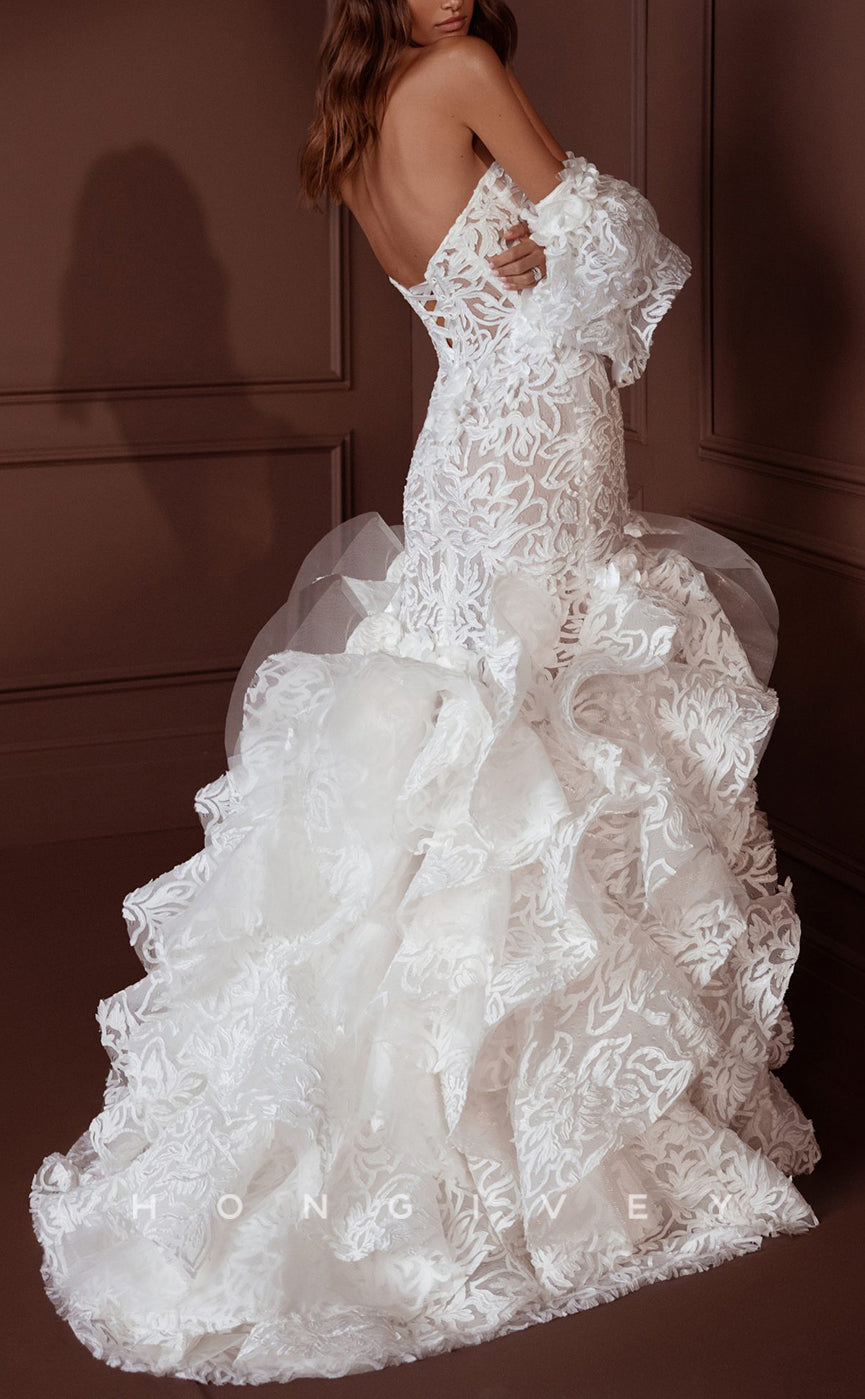 H1600 - Chic Trumpet Lace Sweetheart Strapless Empire Appliques High Low Tiered Ruffled Wedding Dress