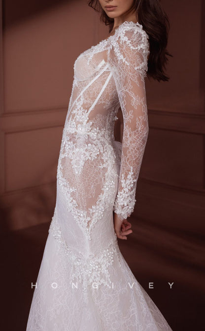 H1601 - Sexy Lace Trumpet V-Neck Long Sleeve Illusion Empire Appliques With Train Wedding Dress