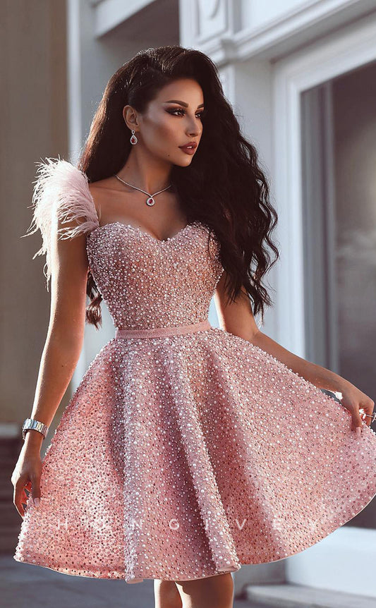 H1602 - Pink Feathered Embellished Fully Beaded Homecoming Party Dress