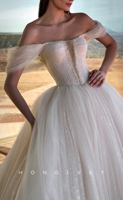 H1603 - Ornate Glitter Tulle A-Line Off-Shoulder Empire Beaded With Train Wedding Dress