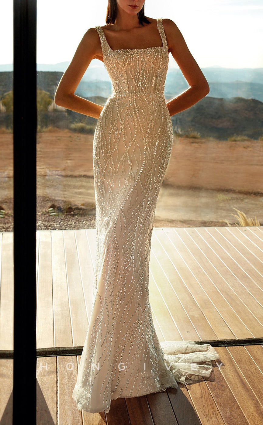 H1604 - Chic Glitter Fitted Square Spaghetti Straps Empire Lace Applique With Train Wedding Dress