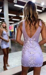 H1604 - Fully Applique  Lace Embroidered Plunging Illusion Hip Wrap Homecoming Graduation Dress