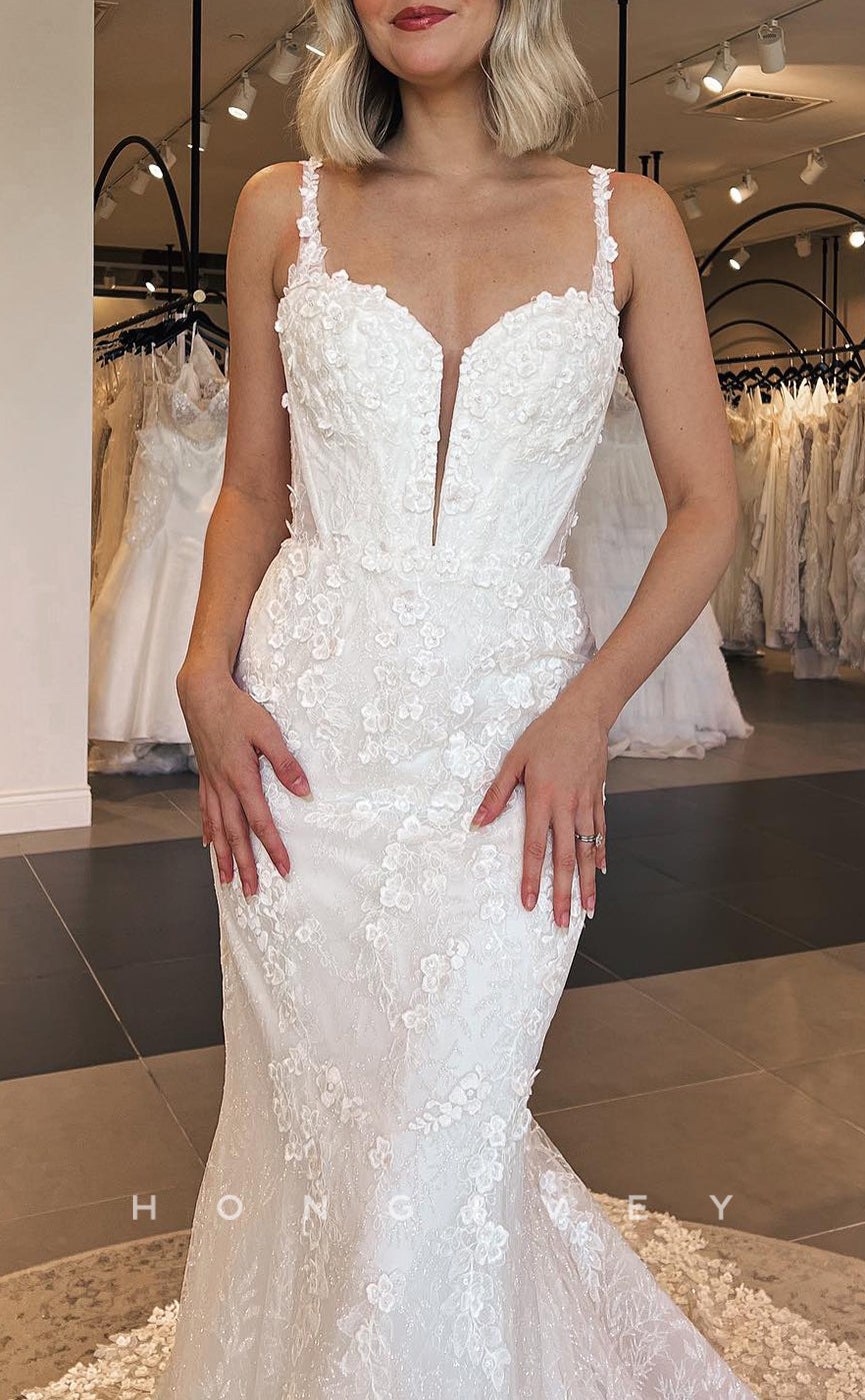 H1605 - Sexy Lace Trumpet Sweetheart Spaghetti Straps Empire Lace Applique With Train Wedding Dress