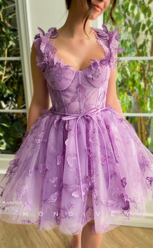 H1606 - Fully Butterfly Floral Embroidered Strappy Lace-Up Back Homecoming Graduation Dress