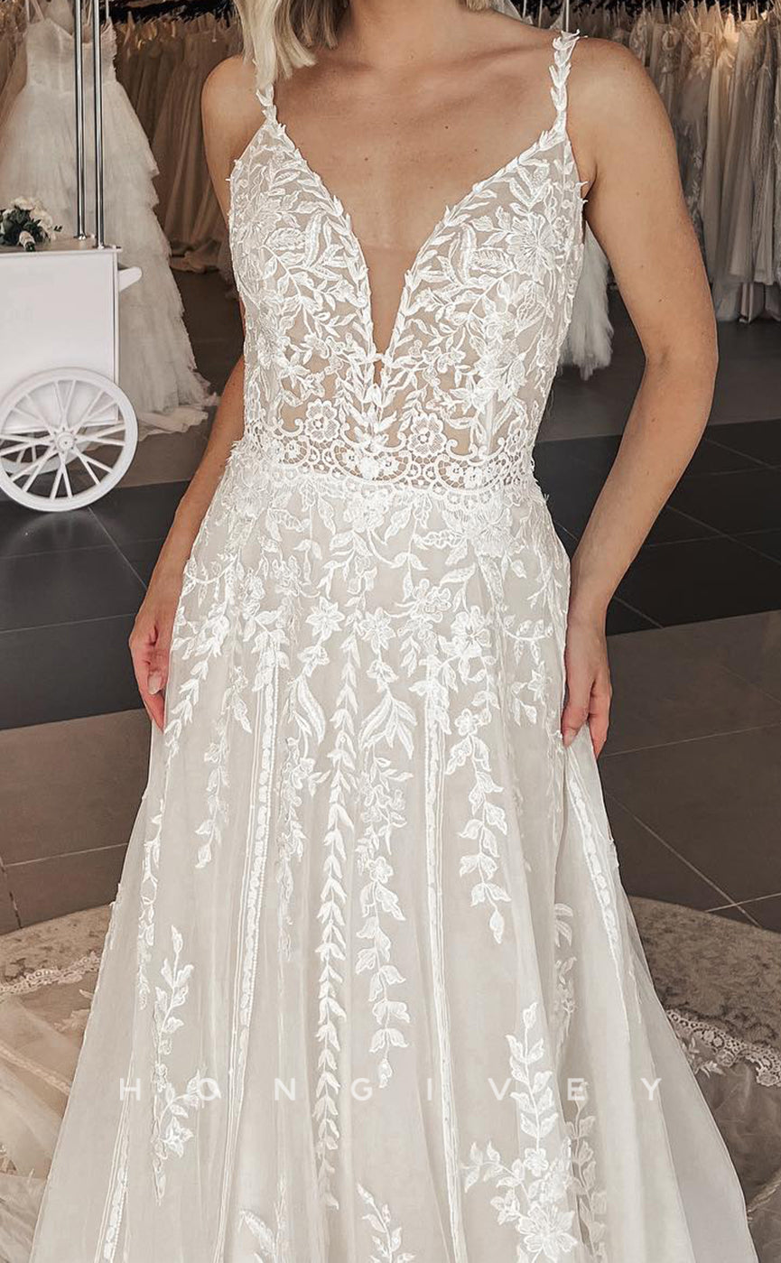 H1606 - V-Neck Spaghetti Straps Empire Lace Applique Elegant A-Line With Train Beach Wedding Dress
