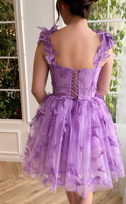 H1606 - Fully Butterfly Floral Embroidered Strappy Lace-Up Back Homecoming Graduation Dress