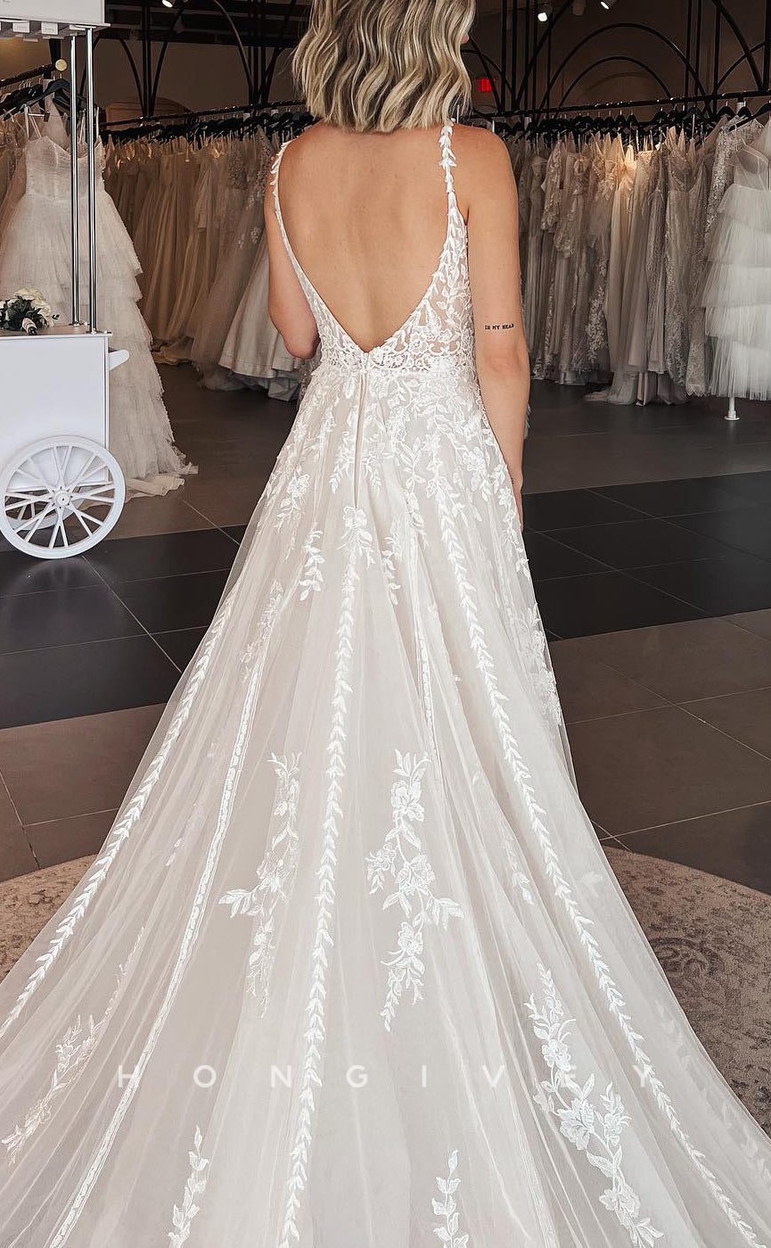 H1606 - V-Neck Spaghetti Straps Empire Lace Applique Elegant A-Line With Train Beach Wedding Dress