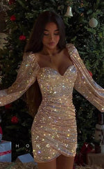 H1607 - Sparkly Fully Sequined Bell Sleeved Homecoming Party Dress