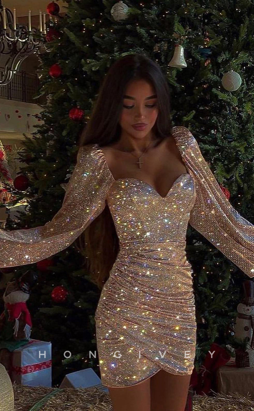 H1607 - Sparkly Fully Sequined Bell Sleeved Homecoming Party Dress