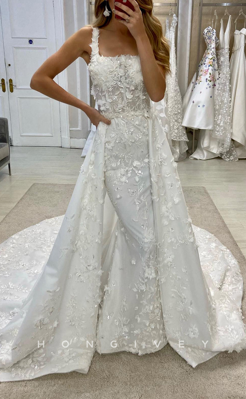 H1607 - Ornate Trumpet Square Spaghetti Straps Detachable Train Lace Applique Wedding Dress