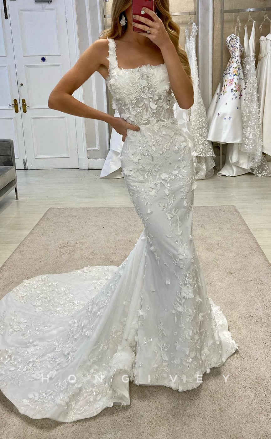 H1607 - Ornate Trumpet Square Spaghetti Straps Detachable Train Lace Applique Wedding Dress