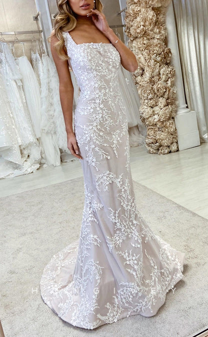H1608 - Square Spaghetti Straps Empire Detachable Train Lace Applique Glamorous Wedding Dress