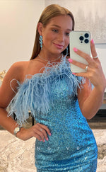 H1610 - Sparkly Feathered Fully Sequined Hip Wrap Homecoming Party Dress