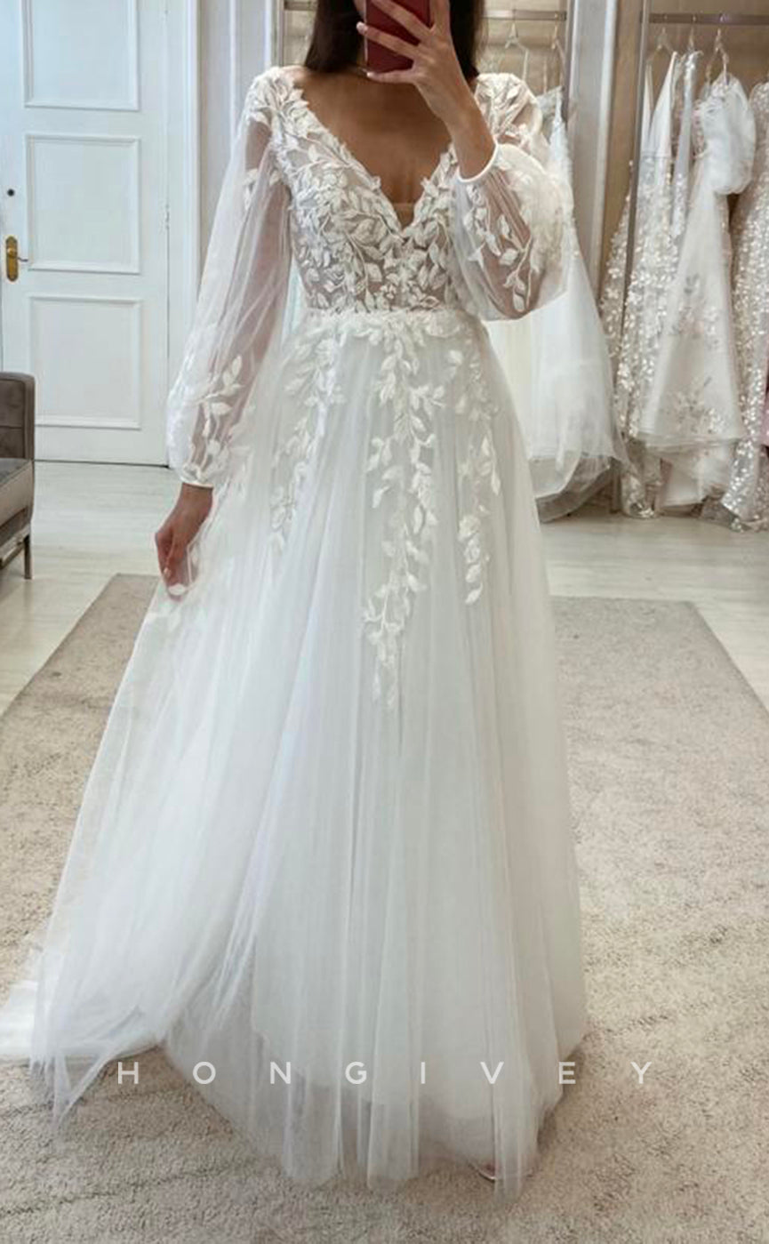 H1609 - Tulle V-Neck Empire Long Sleeve Lace Applique Classic A-Line Boho Wedding Dress