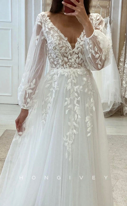 H1609 - Tulle V-Neck Empire Long Sleeve Lace Applique Classic A-Line Boho Wedding Dress