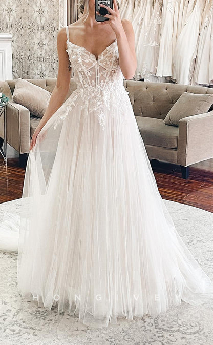 H1611 - Elegant Tulle A-Line Sweetheart Spaghetti Straps Empire Lace Applique With Train Wedding Dress