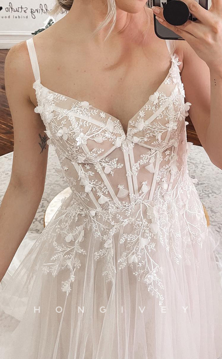 H1611 - Elegant Tulle A-Line Sweetheart Spaghetti Straps Empire Lace Applique With Train Wedding Dress