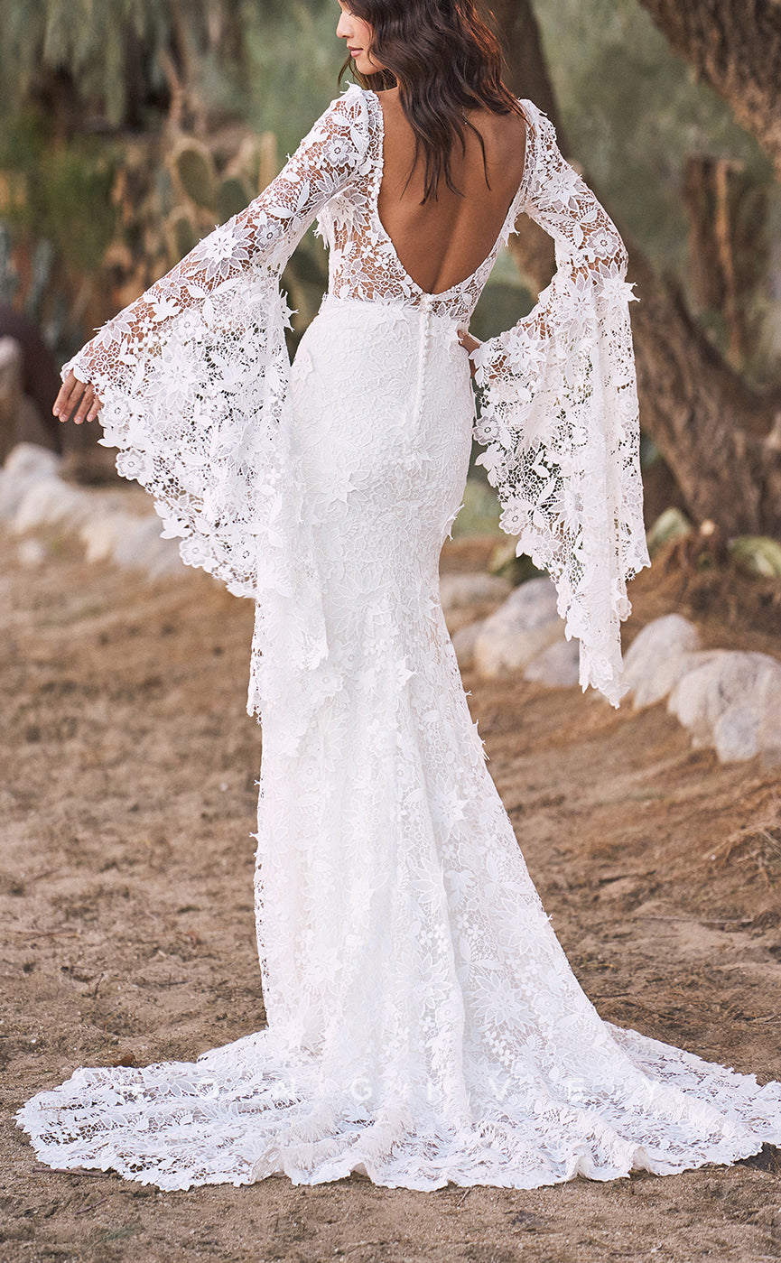 H1615 - Sexy Lace Trumpet V-Neck Empire Long Bell Sleeves Appliques With Train Boho Wedding Dress