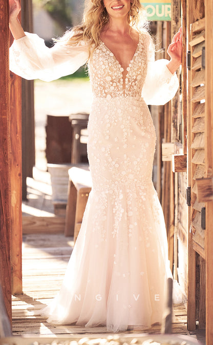 H1616 - Sexy Lace Trumpet V-Neck Long Sleeve Empire Appliques Backless With Train Wedding Dress