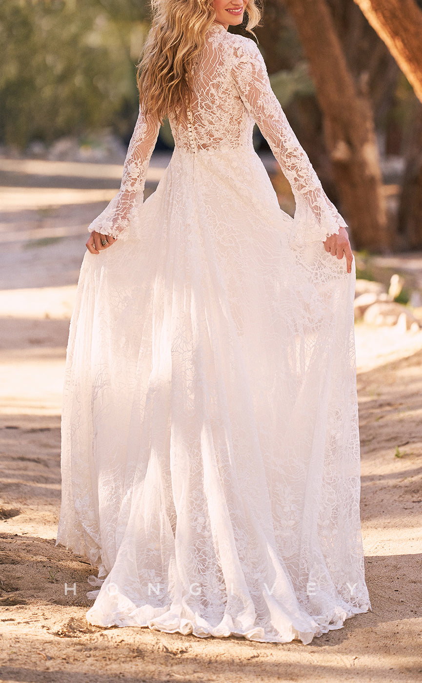 H1617 - Elegant Lace A-Line High Neck Empire Long Sleeve Appliques With Train Wedding Dress