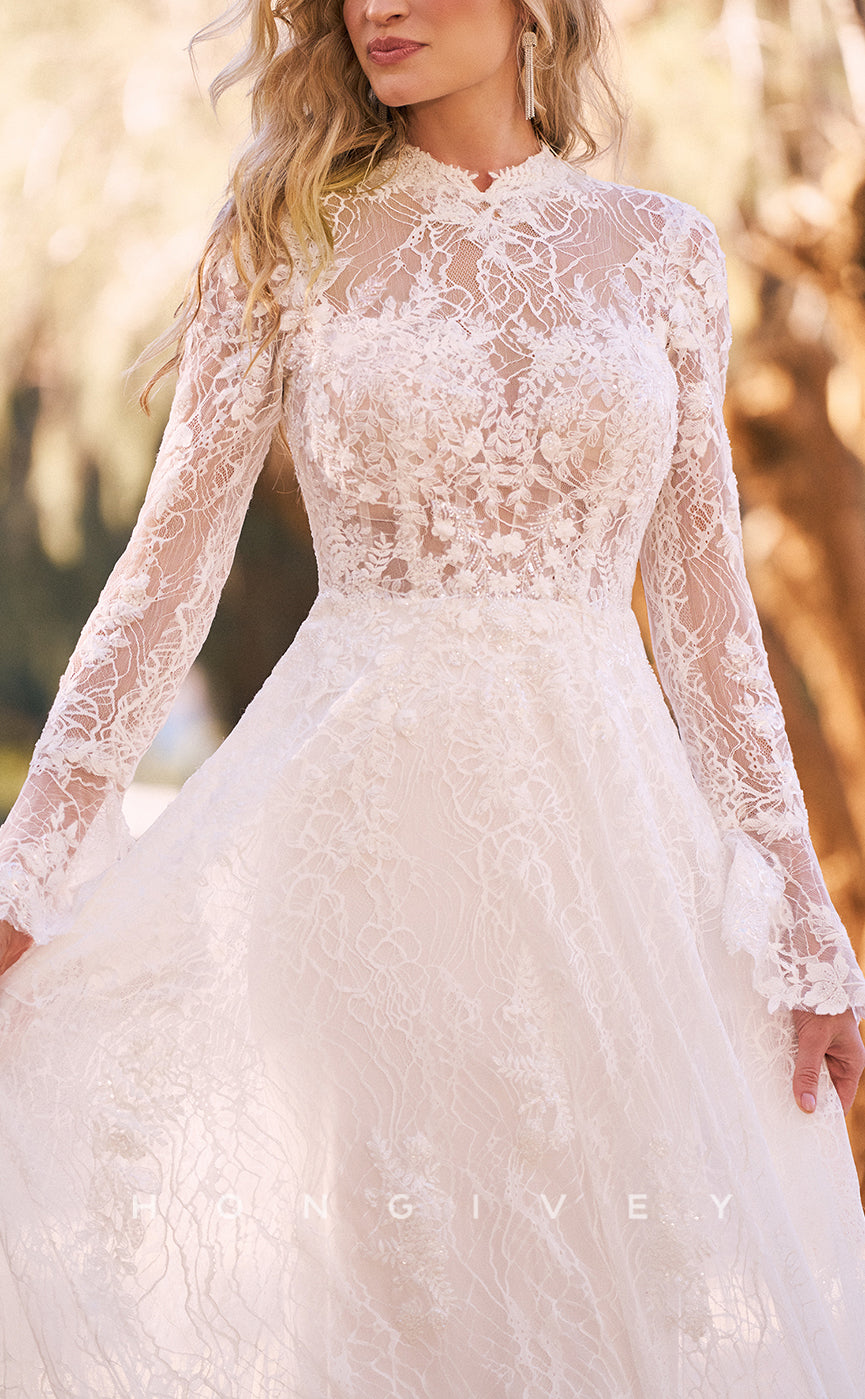 H1617 - Elegant Lace A-Line High Neck Empire Long Sleeve Appliques With Train Wedding Dress