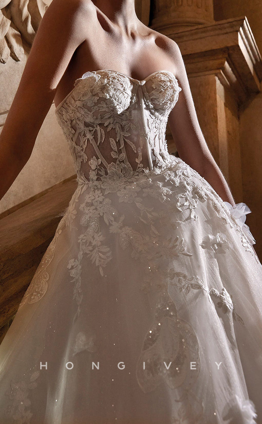 H1620 - Chic Tulle A-Line Sweetheart Strapless Empire Appliques Glitter Floral Embellished With Train Wedding Dress