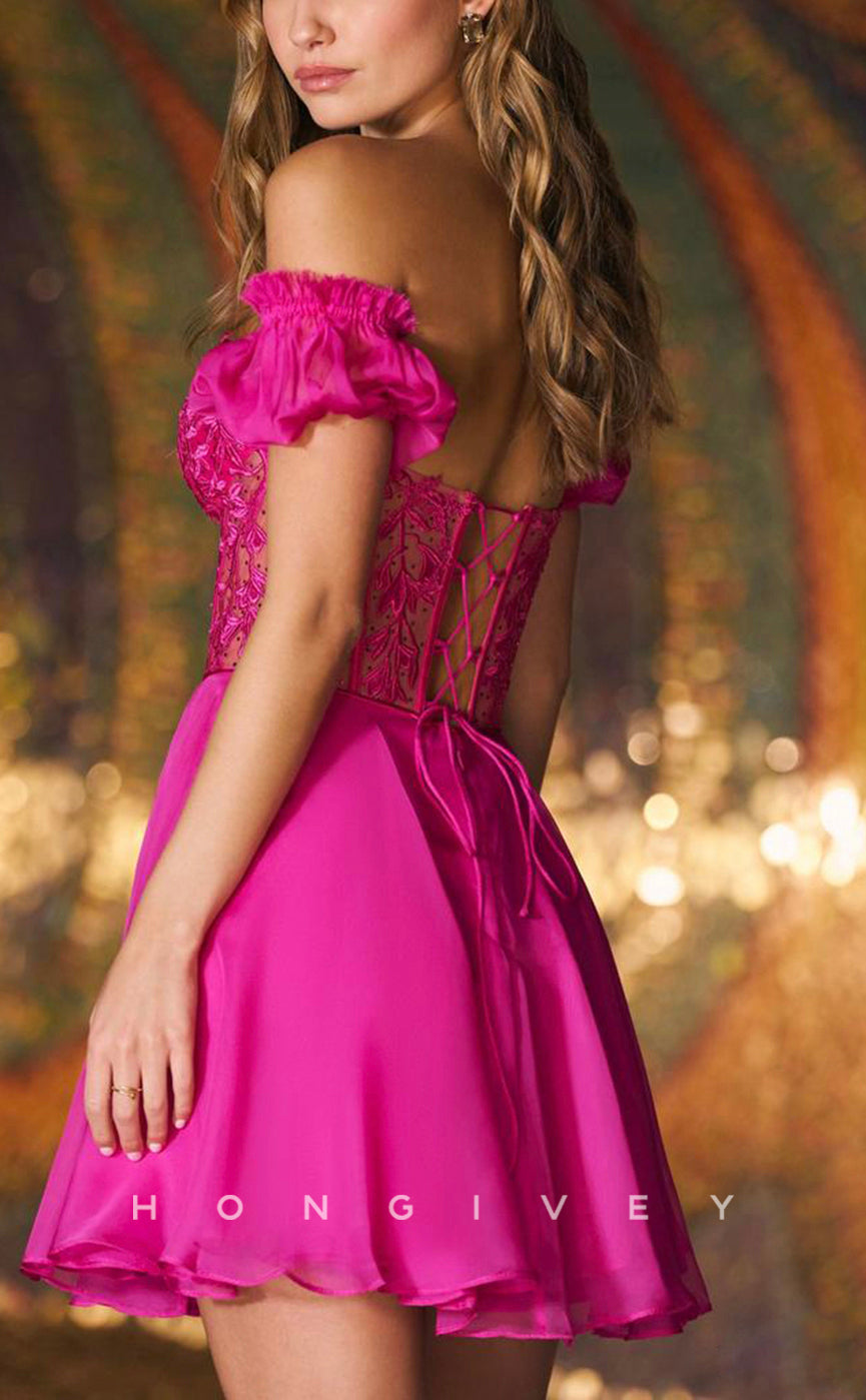 H1621 - Floral Appliqued Illusion lace-Up Back Homecoming Party Dress