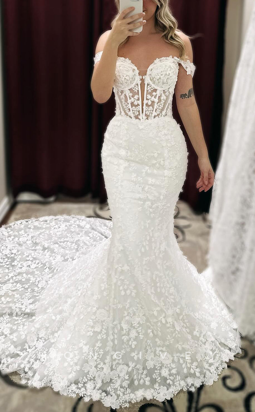 H1622 - Sweetheart Off-Shoulder Empire Lace Applique Illusion Trumpet With Train Elegant Wedding Dress