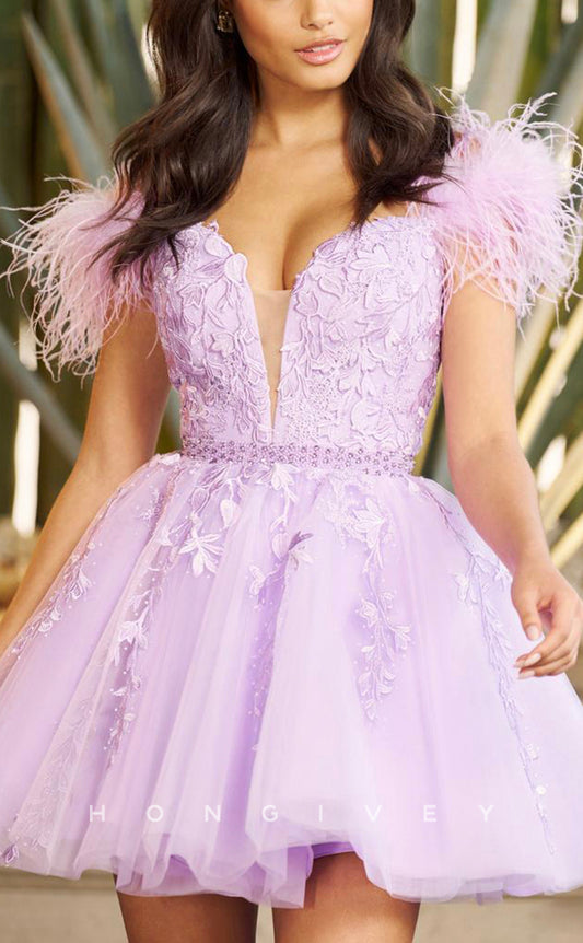 H1623 - Floral Appliqued Plunging Illusion Feathered Homecoming Graduation Dress