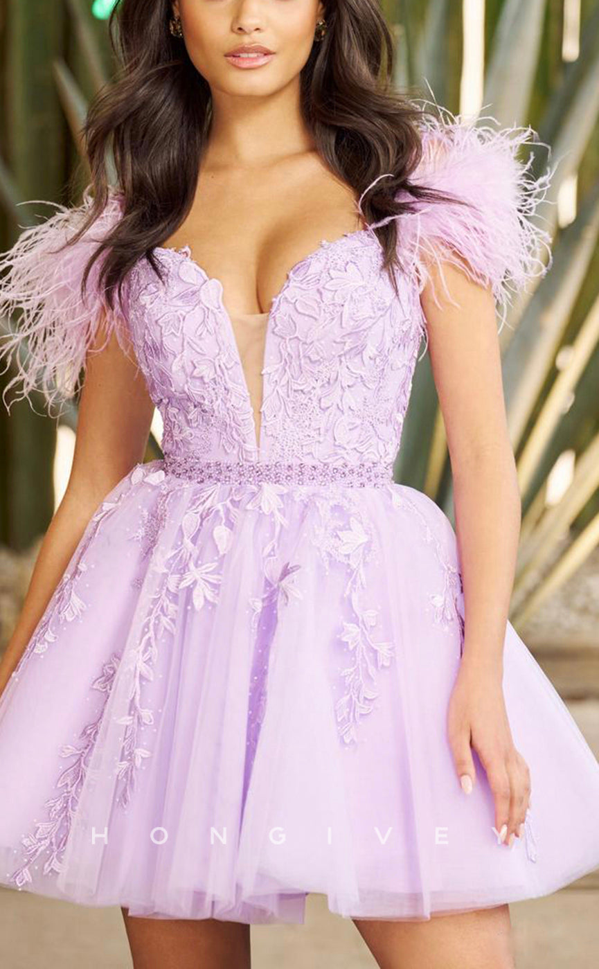 H1623 - Floral Appliqued Plunging Illusion Feathered Homecoming Graduation Dress