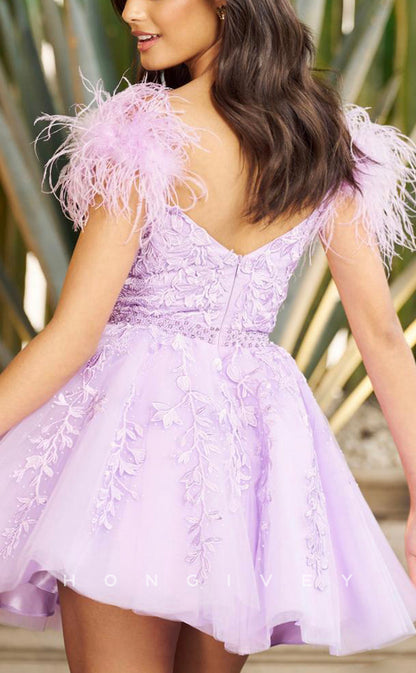 H1623 - Floral Appliqued Plunging Illusion Feathered Homecoming Graduation Dress