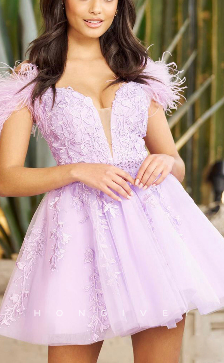 H1623 - Floral Appliqued Plunging Illusion Feathered Homecoming Graduation Dress