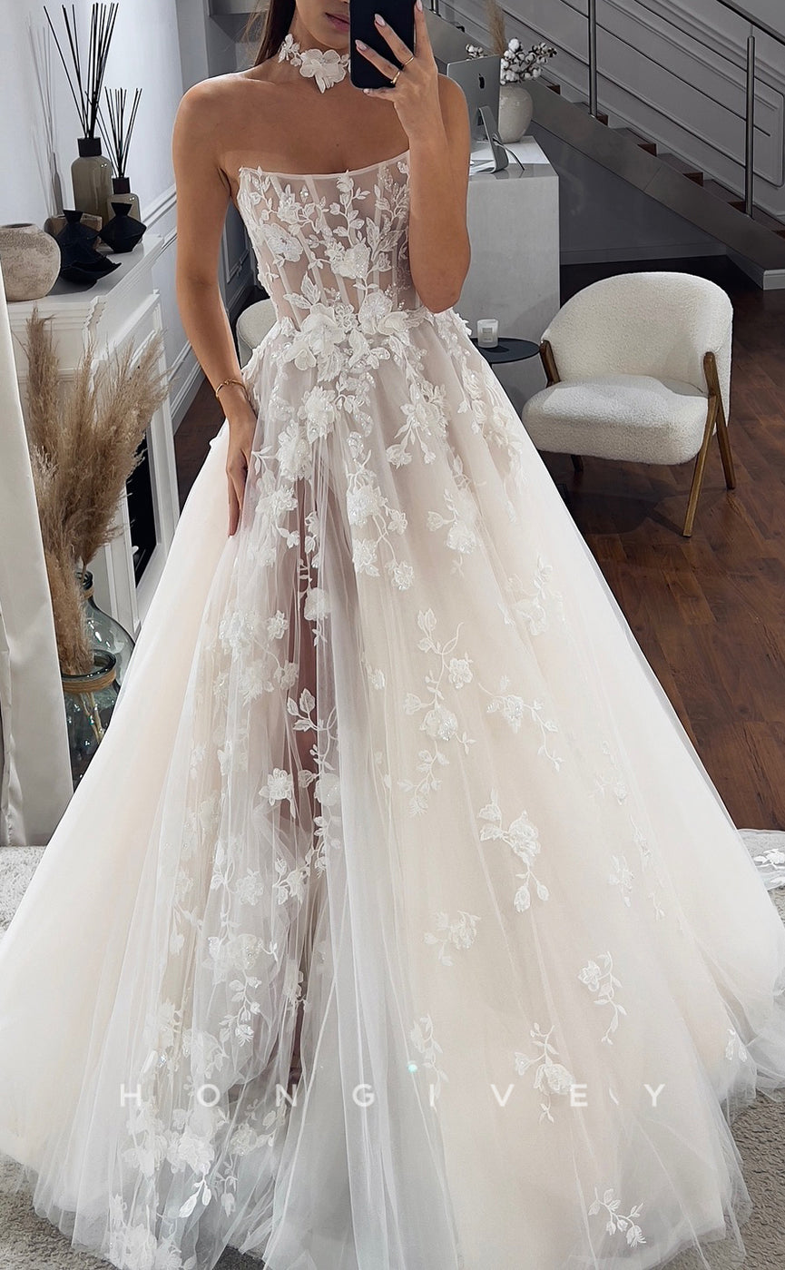 H1624 - Chic Tulle A-Line Bateau Strapless Illusion Empire Floral Embossed With Side Slit Train Wedding Dress