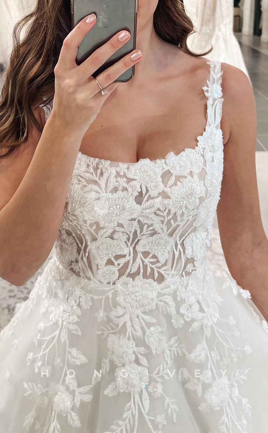 H1626 - Ornate Lace A-Line Square Spaghetti Straps Empire Appliques With Train Wedding Dress