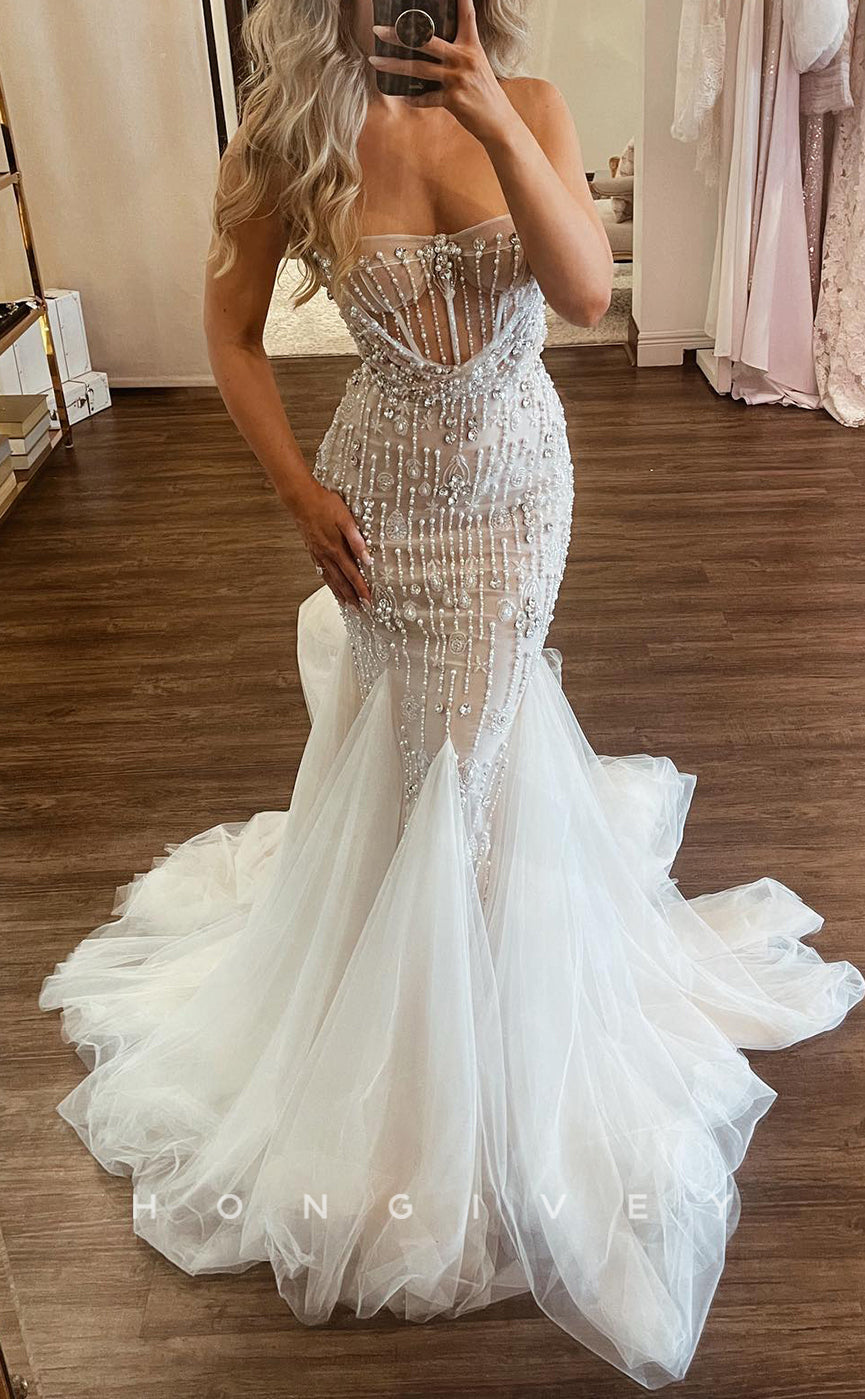 H1627 - Couture Glitter Trumpet Sweetheart Strapless Illusion Beaded With Tulle Train Wedding Dress