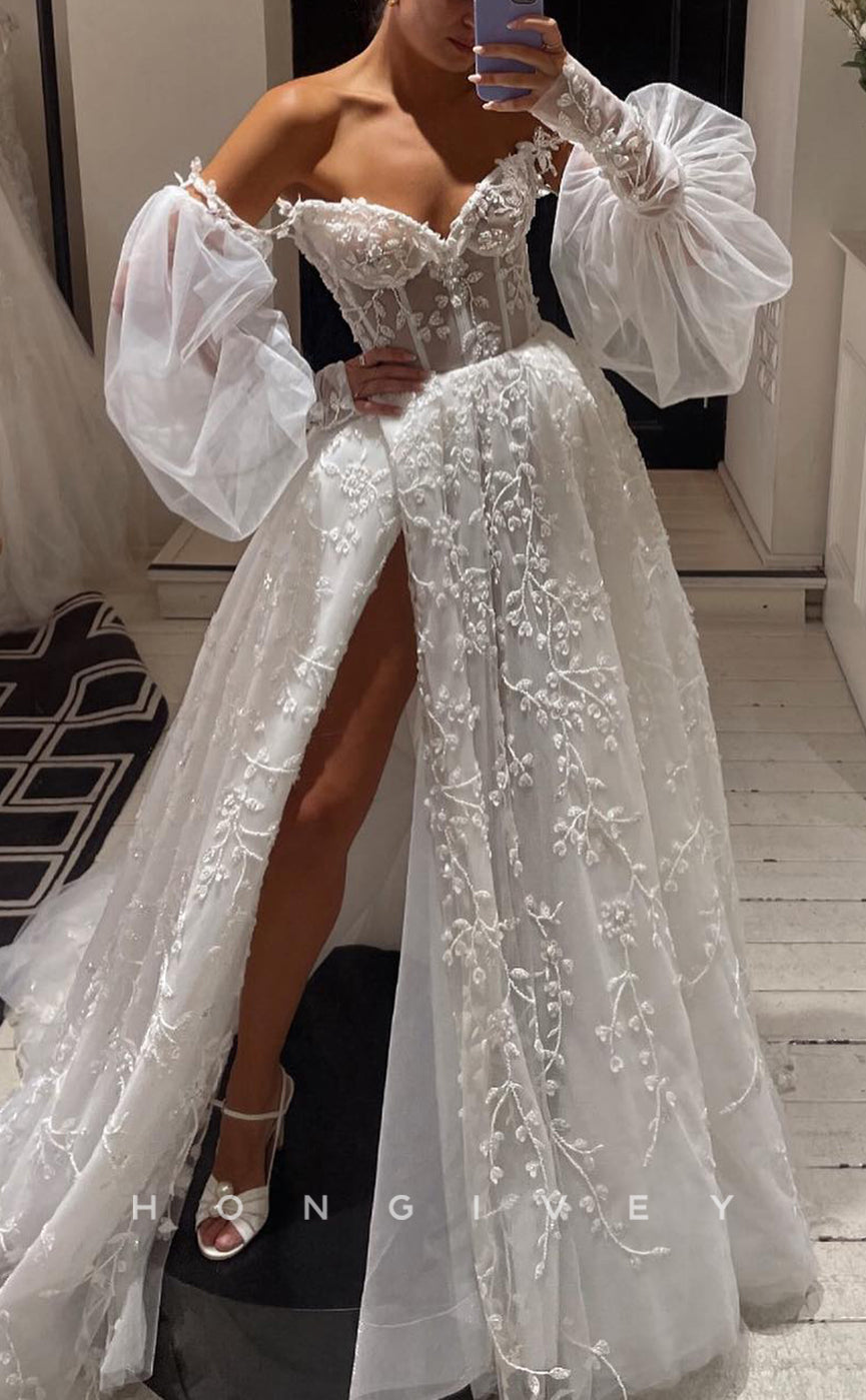 H1628 - Elegant A-Line Sweetheart Puff Sleeves Empire Lace Applique With High Slit Wedding Dress