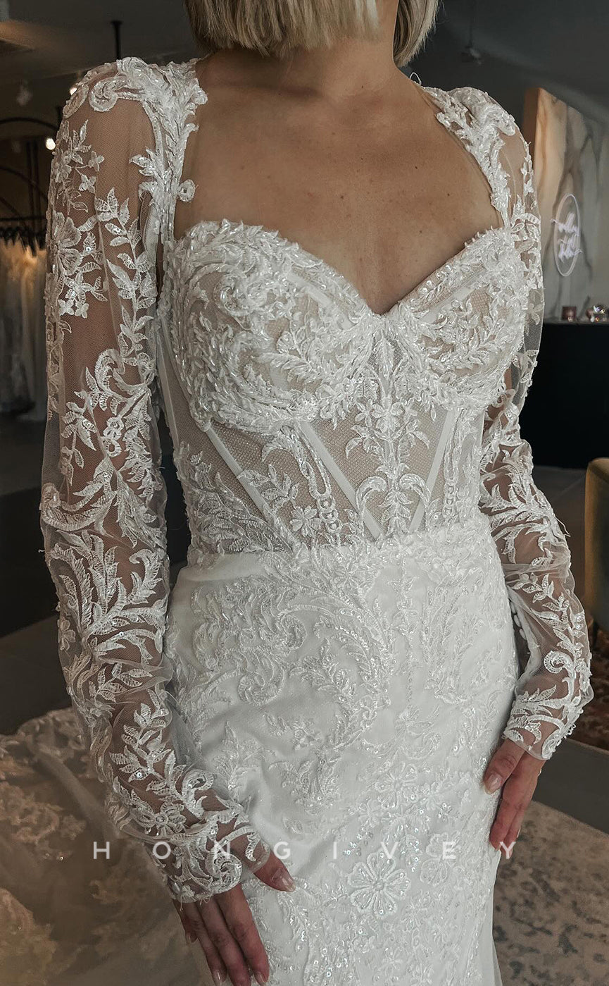 H1629 - Classic Trumpet Sweetheart Long Sleeve Illusion Empire Lace Applique With Train Wedding Dress