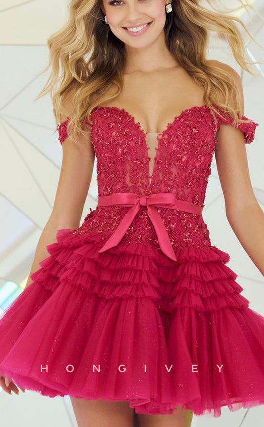 H1630 - Sweet Lace Applique With Bow Detail Plunging Illusion Short Homecoming Party Graduation Dress