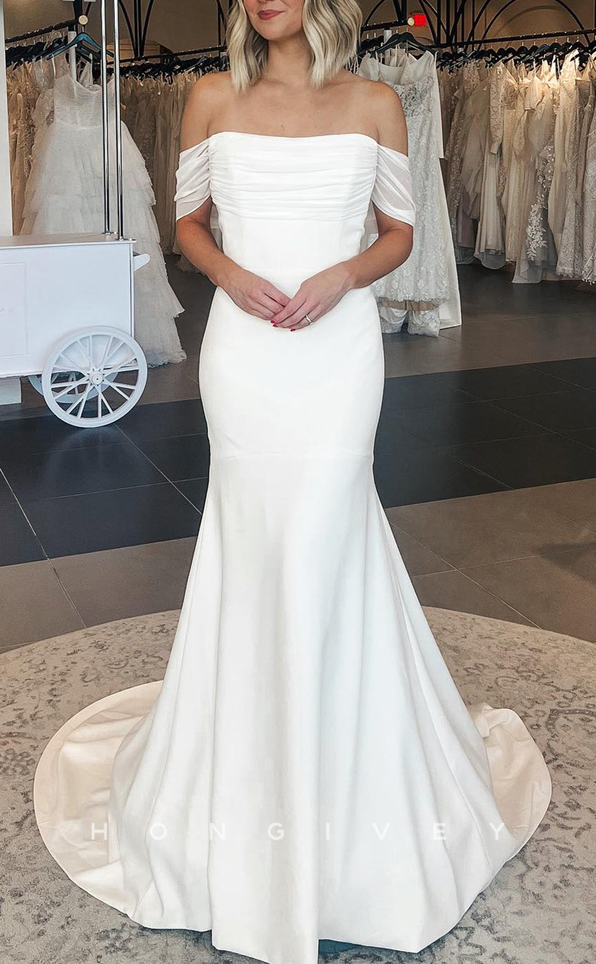 H1630 - Simple Satin Off-Shoulder Empire Ruched With Train Beach Wedding Dress